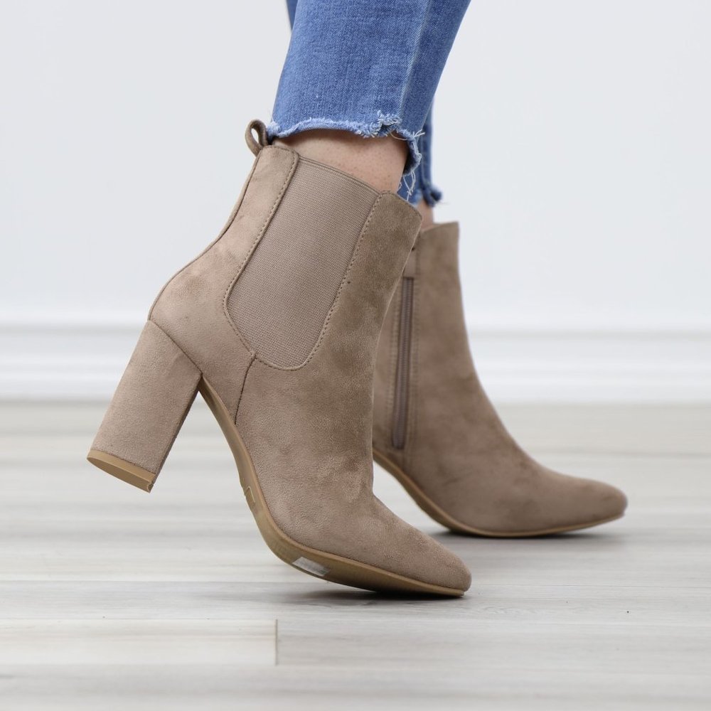 Taupe Suede Chelsea Round Toe Block High Heel Above Ankle Boots - Picture 4 of 12